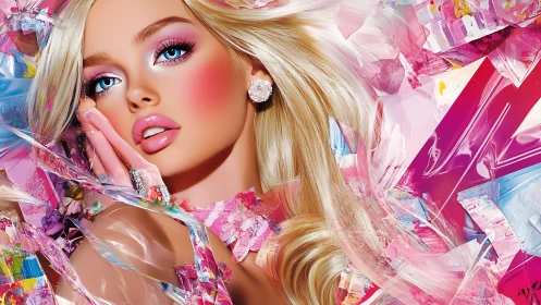 Glamorous blonde doll gazes amid neon candy chaos.