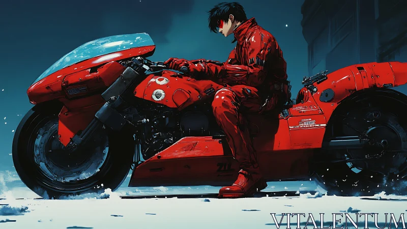 Motorcyclist sits on streamlined red bike in snowy street