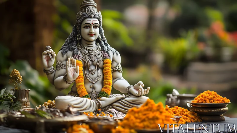 Serene Shiva idol amid marigold offerings in lush temple hush.