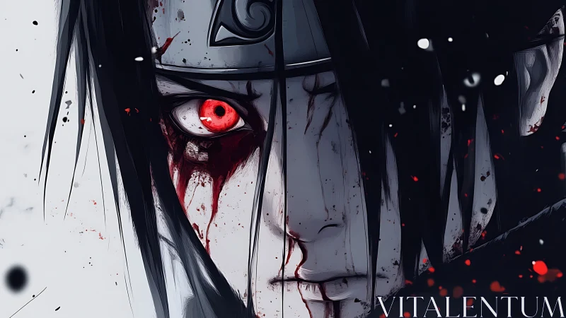 Haunting anime warrior with burning red, tear-streaked gaze.