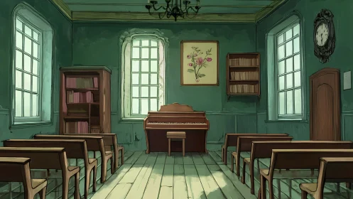 Sunlit vintage music room with piano and wooden benches.