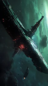 Drifting starship under glowing green cosmic skies.