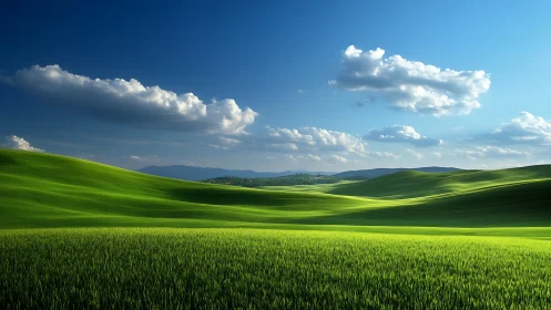 Sunlit green hills roll beneath deep blue summer sky.