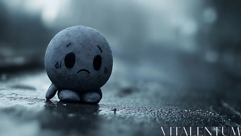 Lonely blue plush character sits on a rainy empty street.