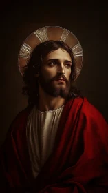 Sacred portrait of haloed figure rendered in photoreal chiaroscuro