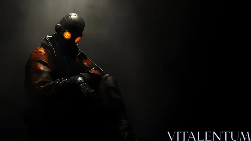 Solitary gas mask figure in dark industrial glow.