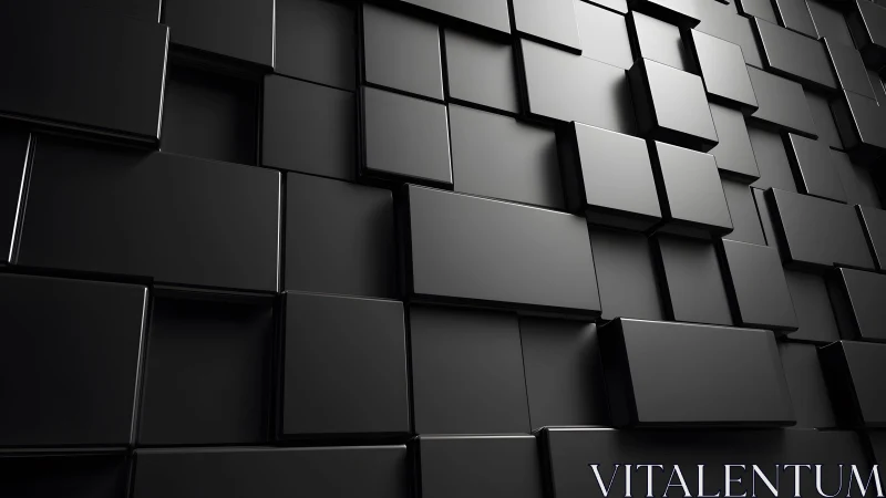 Modern abstract 3D black geometric wall with glossy rectangular blocks.