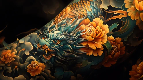 Dragon tattoo design wraps around skin with floral elements
