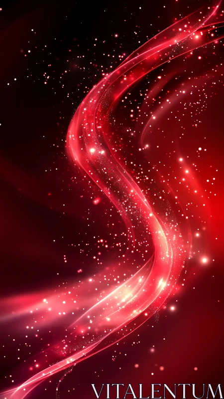 Digital painting of luminous red energy ribbon on dark field.