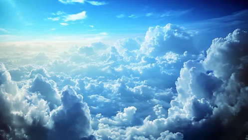 Layered cumulus cloudscape extends beneath clear blue sky