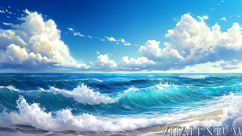 Digital seascape with breaking waves under clouded sky.