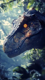 Predatory dinosaur head emerging from dense jungle foliage.