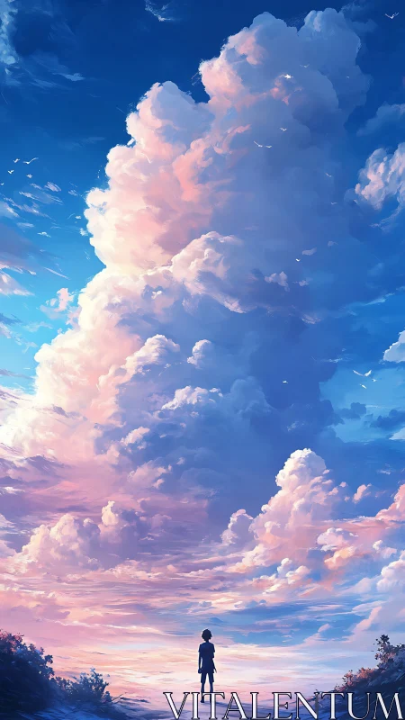 Towering pastel clouds rise above a lone silhouetted child.