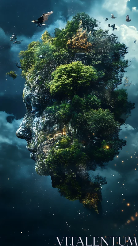 Floating arboreal rock-face forms colossal anthropomorphic island