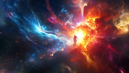 Cosmic traveler strides through blazing nebula gateway.