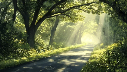 Sunlit forest roadway with volumetric light shafts and foliage canopy