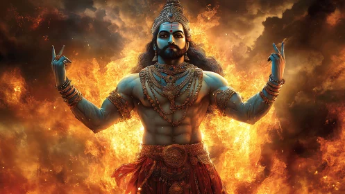 Divine blue-skinned deity rises amid blazing inferno