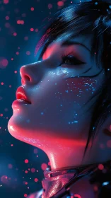 Neon-lit cyber portrait of reflective woman in profile view.