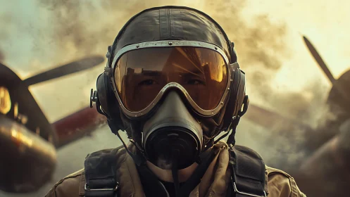 WWII fighter pilot stands ready amid swirling battle smoke.