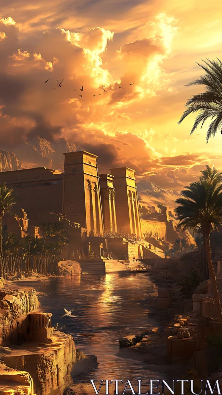 Golden sunset bathes ancient riverside Egyptian temple.