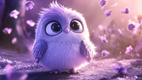 Adorable Fluffy Baby Bird in Magical Purple Animated Forest.