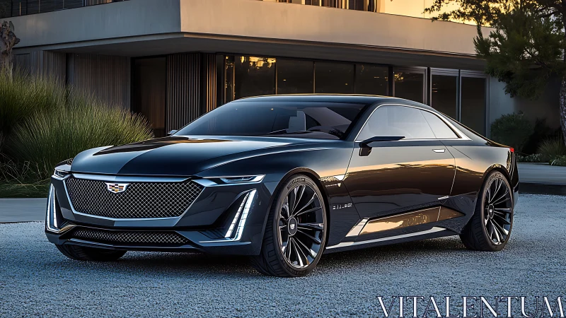 Low-slung black luxury coupe with LED lighting in modern driveway