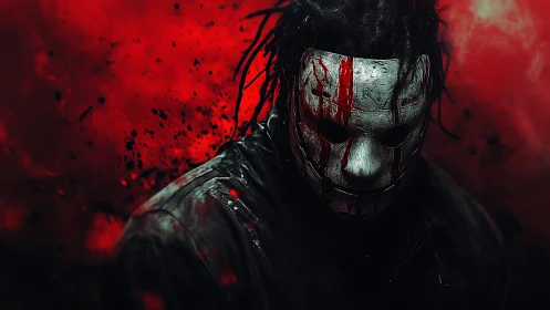 Masked figure with blood-smeared faceplate in high-contrast red haze