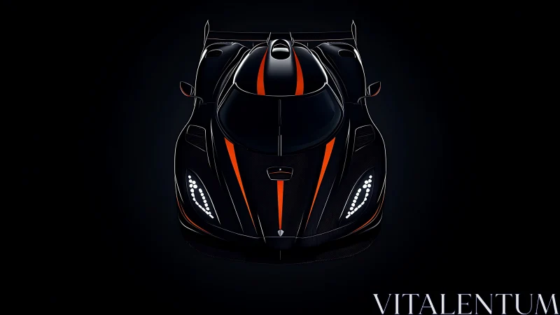 Midnight hypercar prowls with neon orange racing stripes.