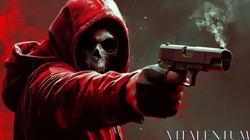 Crimson reaper in a hooded haze calmly levels smoking steel