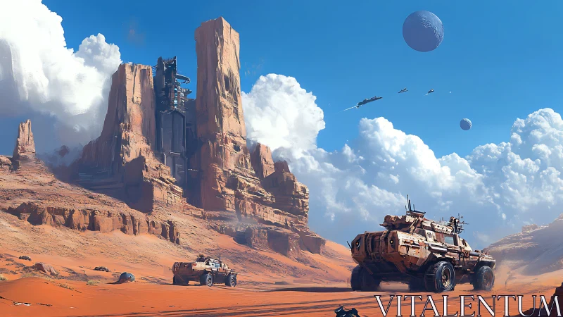 Futuristic rover patrol crosses desert toward cliff base.