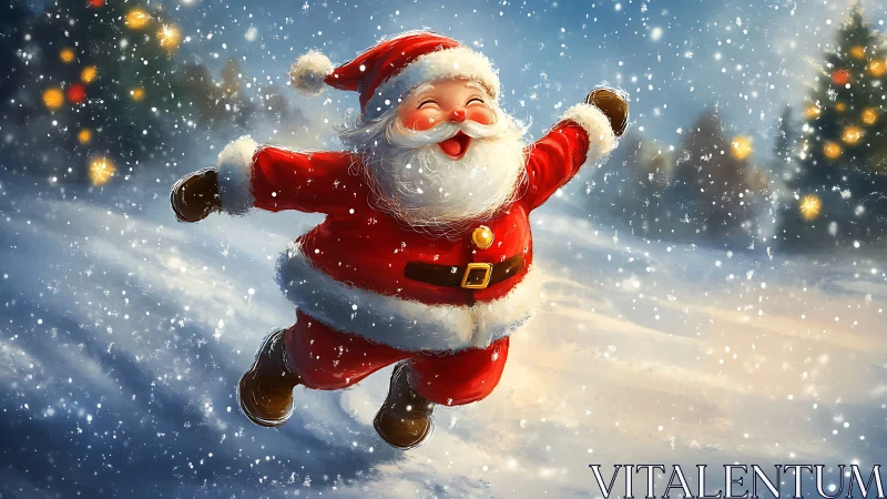 Joyful Santa dancing through a sparkling winter snowfall.