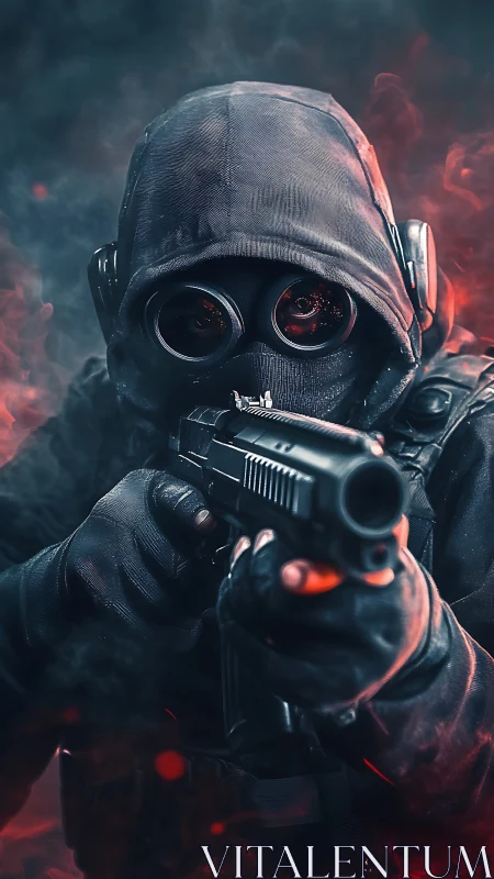 Hooded tactical gunman aiming pistol through red smoke.