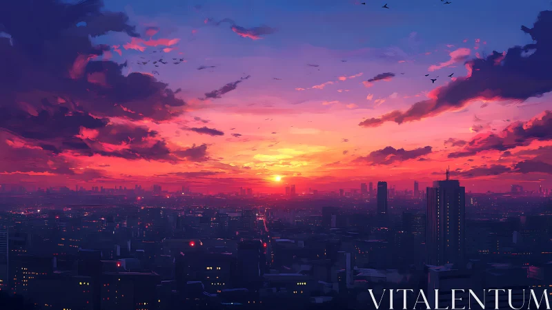 City skyline viewed at sunset under vivid layered clouds