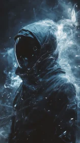 Hooded void figure in reflective visor shrouded by vaporous smoke