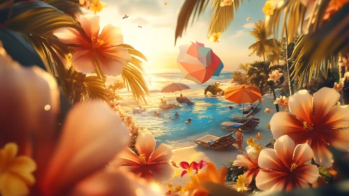 Tropical Beach Paradise with Exotic Flowers and Umbrellas