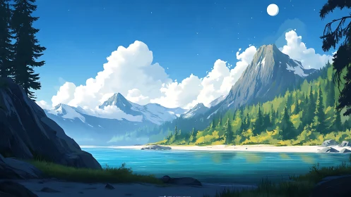 Alpine Lake Beneath Twin Peaks and Moon