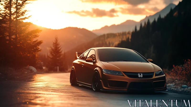 Lowered orange Honda glows against a dramatic mountain sunset