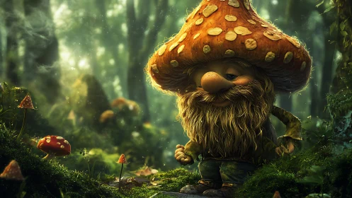Mushroom-capped gnome stands in dense, softly lit forest