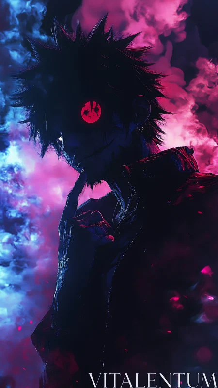 Shadowy neon trickster framed by electric pink smoke.