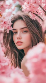 Digital painting portrait framed in soft cherry blossoms.