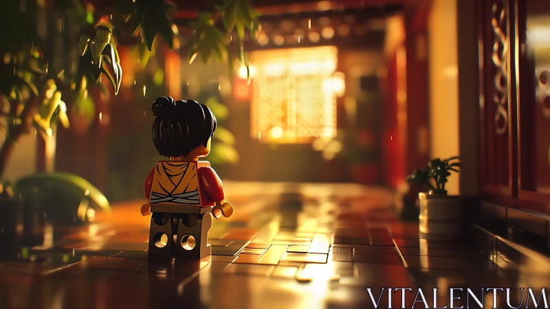 Lego minifigure stands in sunlit corridor with soft focus