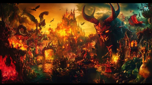 Fiery demon realm unfolds in a chaotic infernal panorama