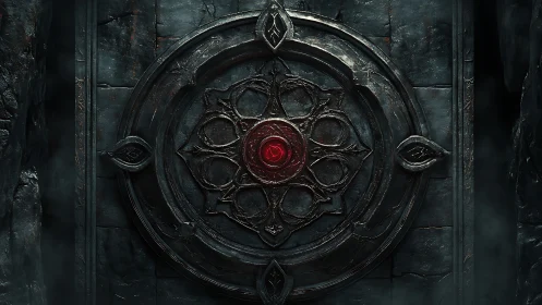 Circular stone door with central red emblem in relief.