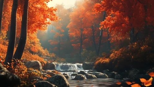 Autumnal Forest Stream With Backlighting and Cascading Water Flow.