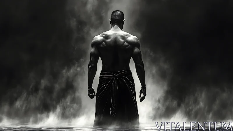 Monochrome backlit warrior in atmospheric water haze study.