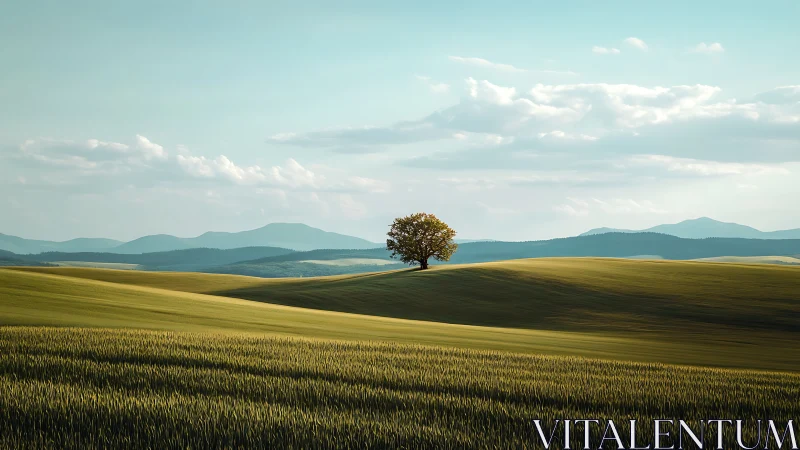 Solitary tree on rolling agricultural hills at midday light.