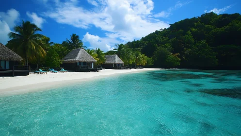 Tropical Island Lagoon Resort with Thatched Bungalows.