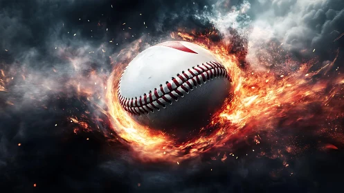 Fiery baseball spinning through smoke with dynamic flames.