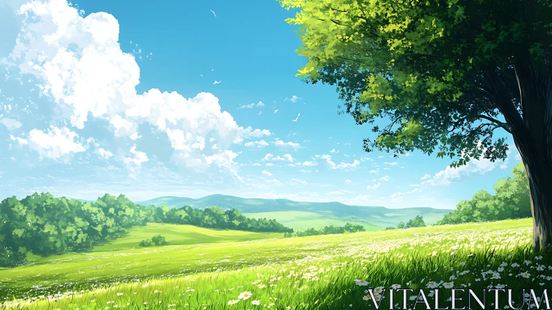 Bright green meadow stretches under clear summer sky