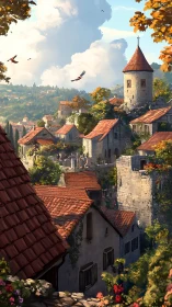 Sunlit medieval hillside village with terracotta roofs and tower